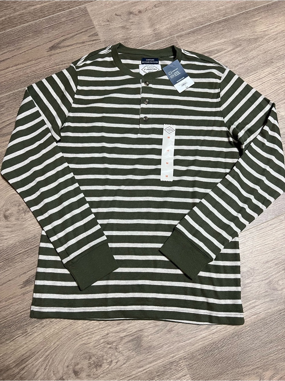 Men's Olive Green & White Striped Long-Sleeve Henley Shirt